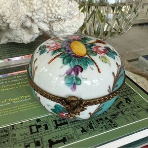 Limoges French Porcelain Round Trinket Box with Trumpets